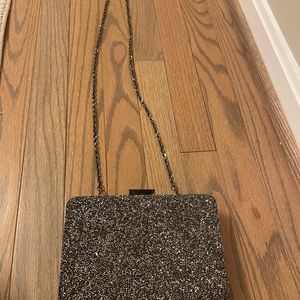 WHBM grey/silver hard case clutch with removable over the shoulder chain